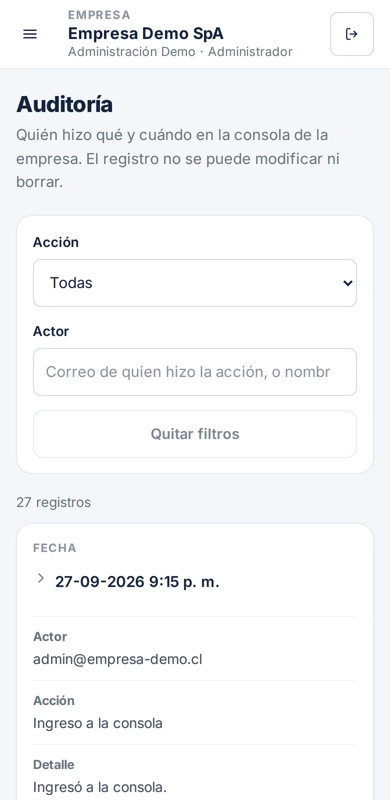 Pantalla Auditoría de la consola en un teléfono.