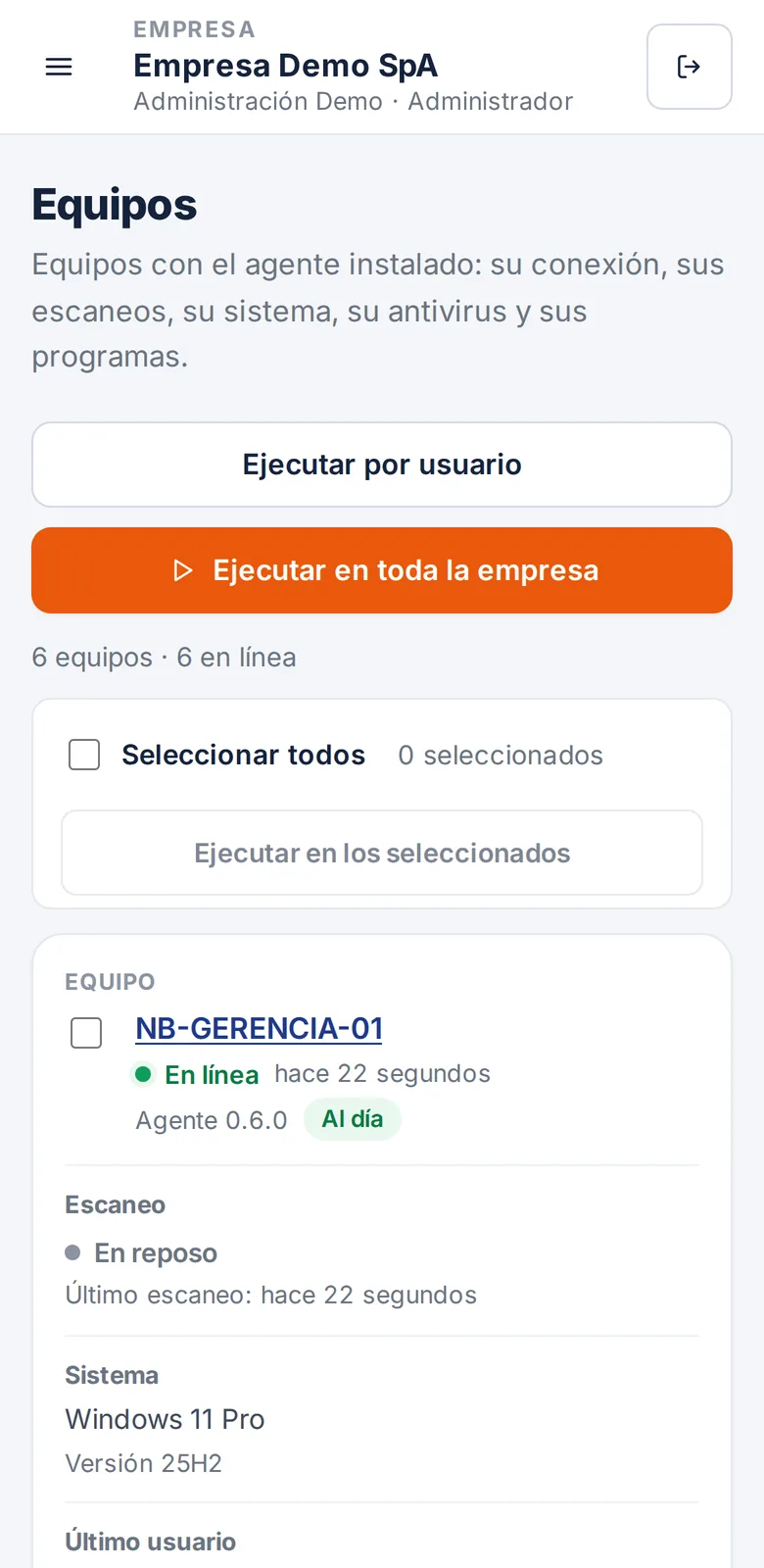 Pantalla Equipos de la consola en un teléfono.