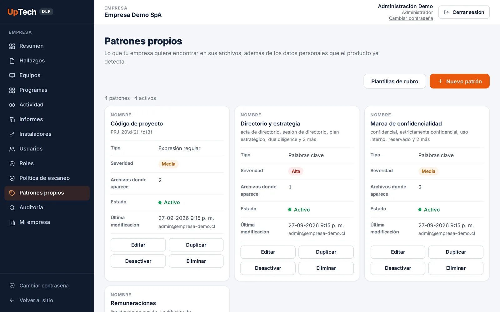 Pantalla Patrones de la consola en un computador: lista de patrones propios con su tipo, severidad y archivos donde aparecen.
