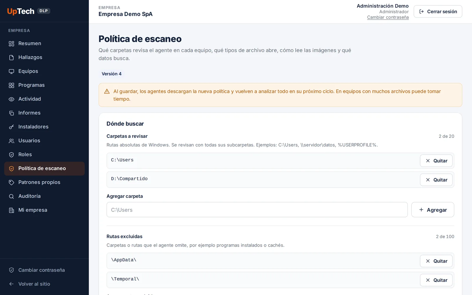Pantalla Política de escaneo de la consola en un computador: carpetas a revisar, exclusiones, tipos de archivo y tipos de dato.