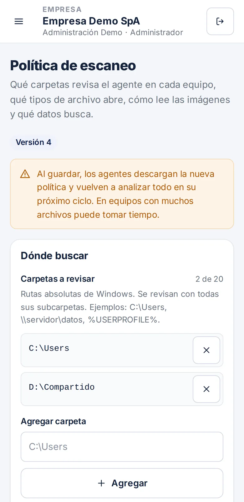 Pantalla Política de escaneo de la consola en un teléfono.
