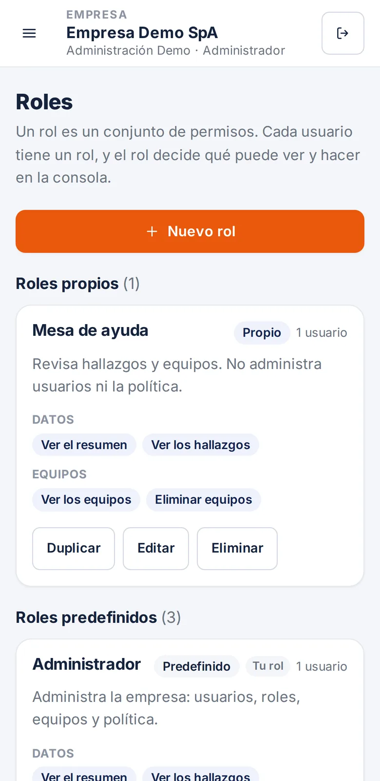 Pantalla Roles de la consola en un teléfono.